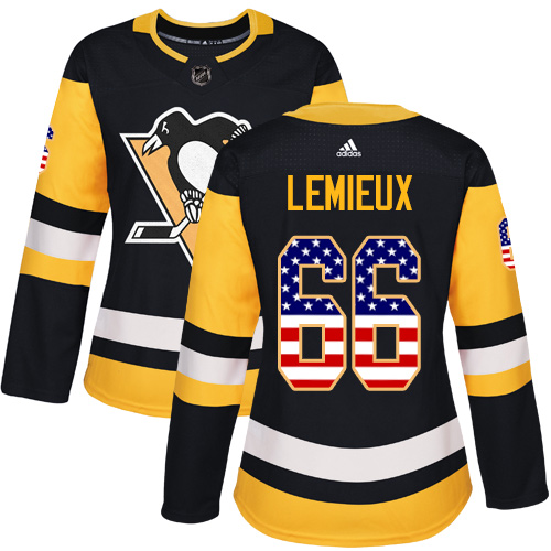 Adidas Penguins #66 Mario Lemieux Black Home Authentic USA Flag Women's Stitched NHL Jersey